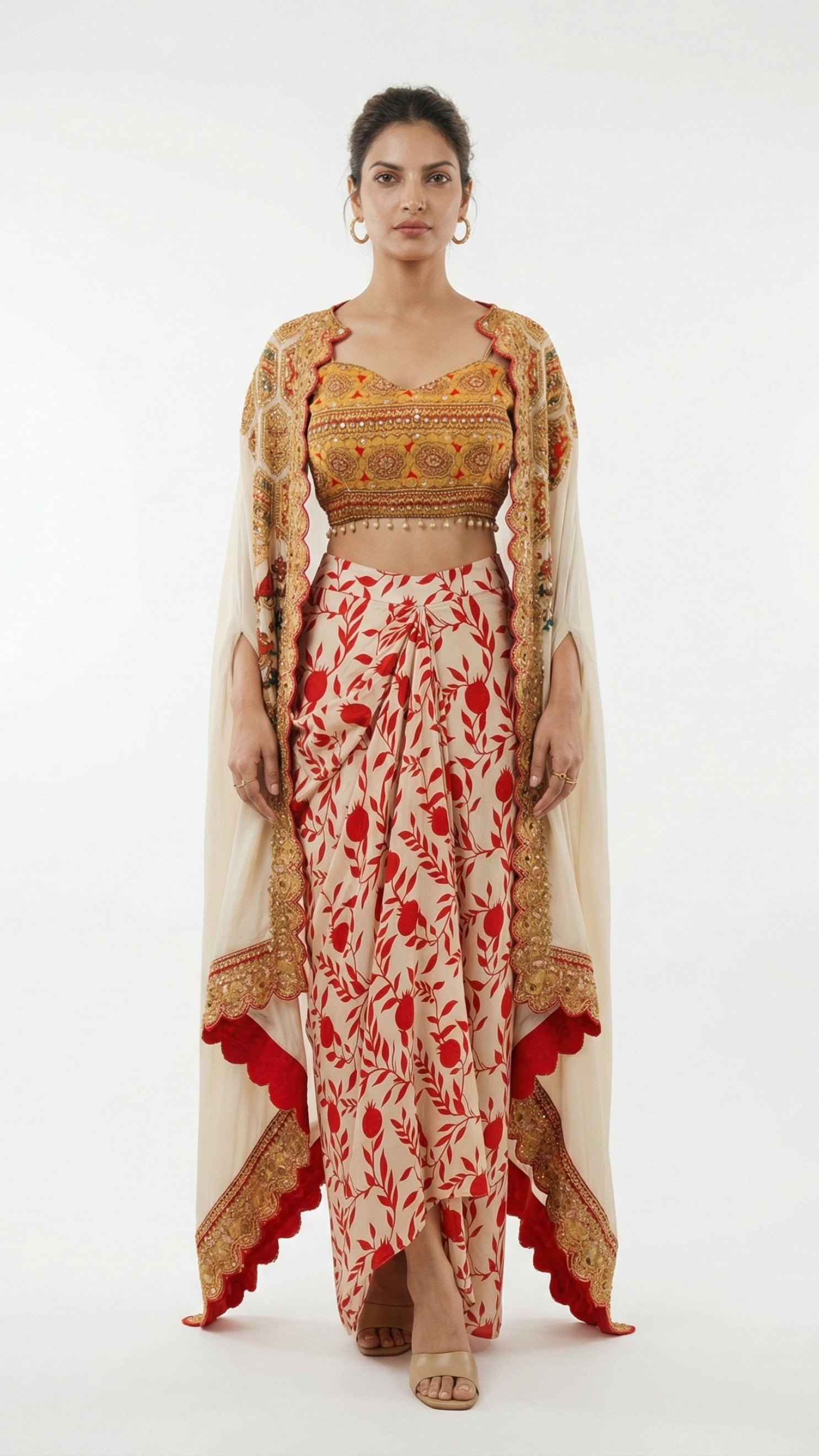 Beige & Red Digital Printed Crepe Top & Skirt with Cape Embellished with Moti, Sequins & Sippi
